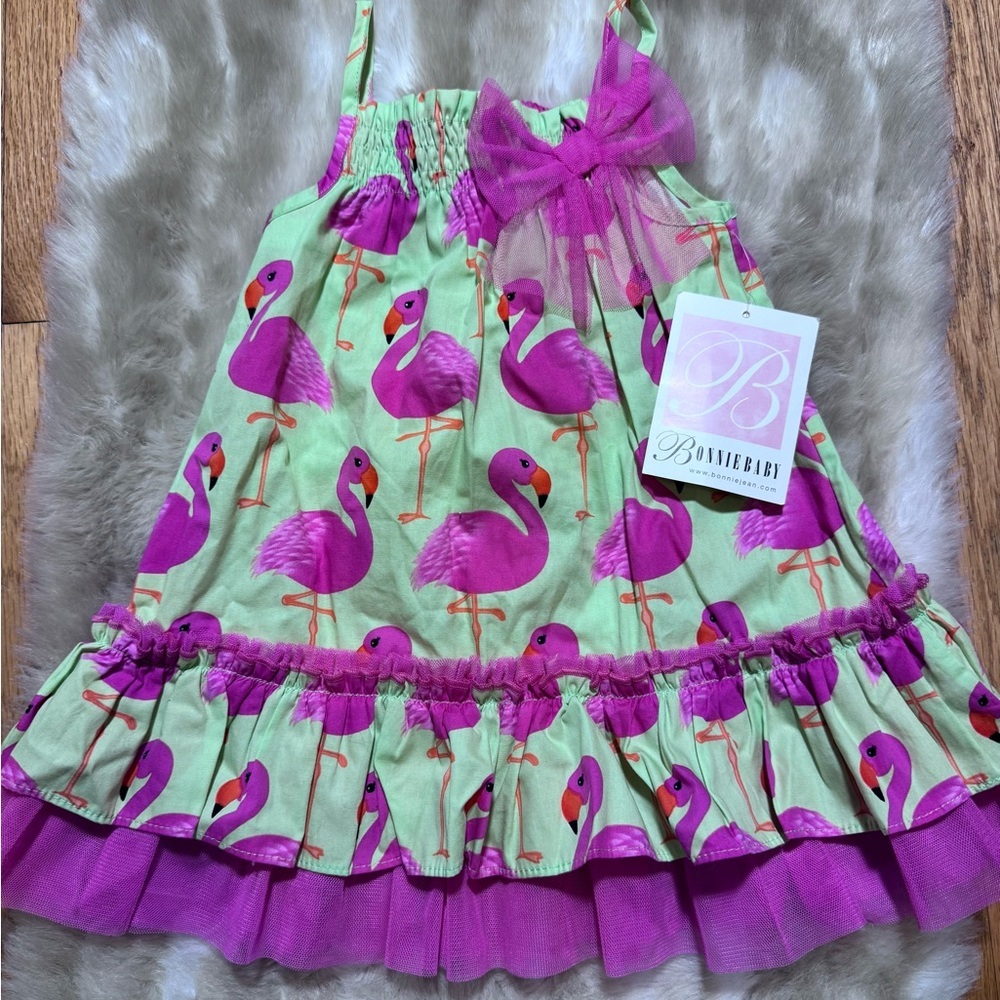 NWT Bonnie Baby Girl Pink & Green Flamingo Dress with Tulle Bow & Hem Size 18M